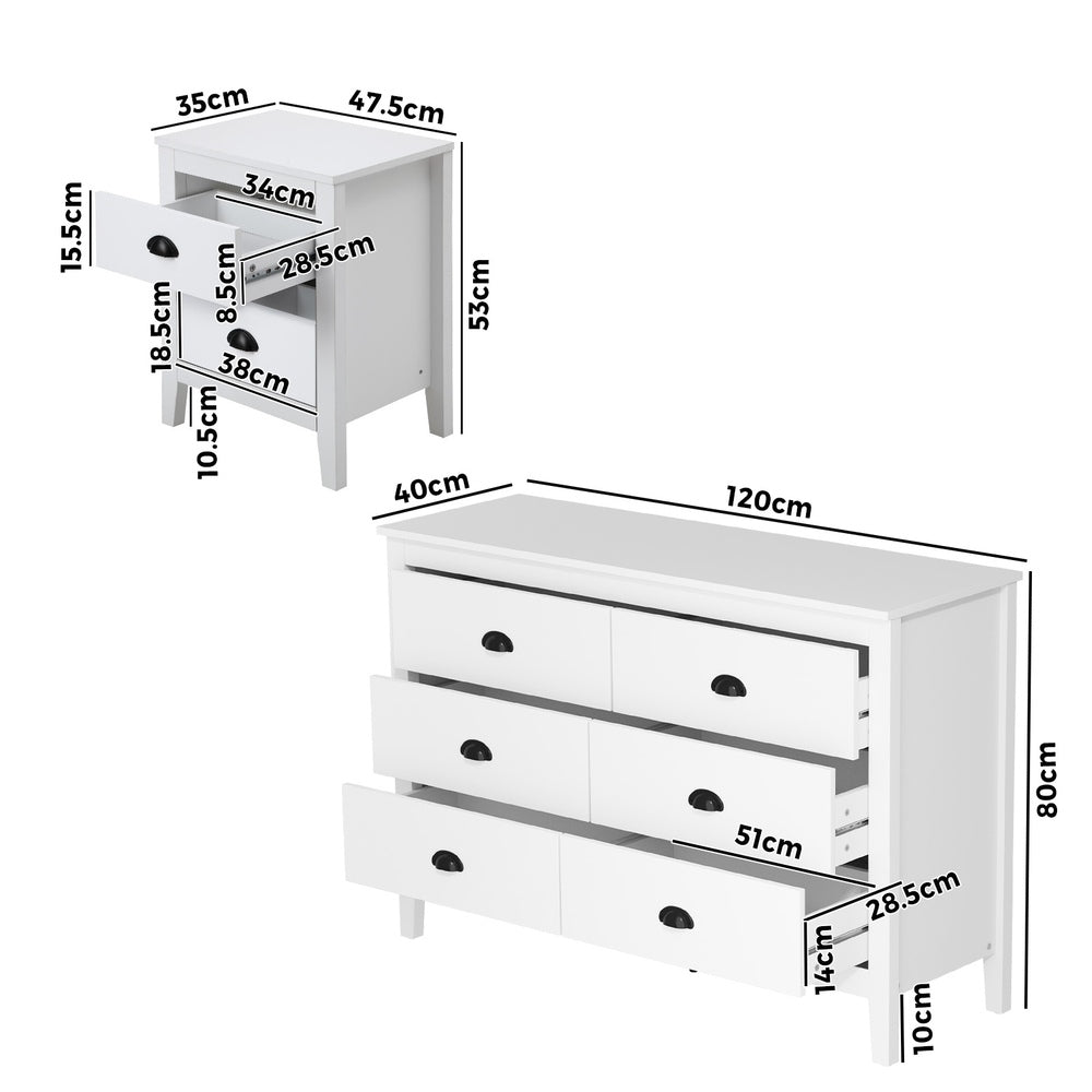 Oikiture 6 Chest of Drawers and 2 Bedside Tables Vintage Bedroom Set White
