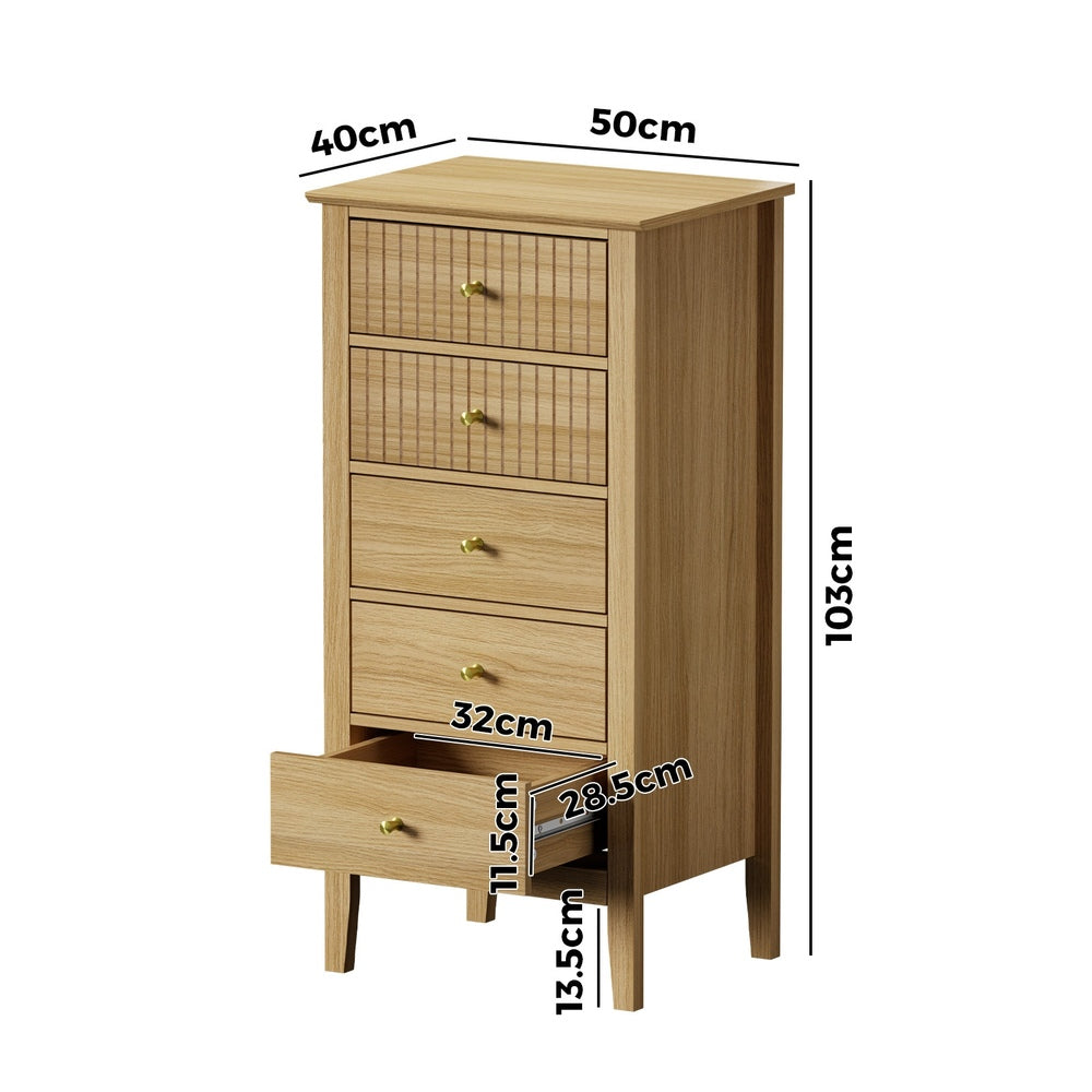 Oikiture 5 Chest of Drawers Dresser Tallboy Storage Cabinet Natural