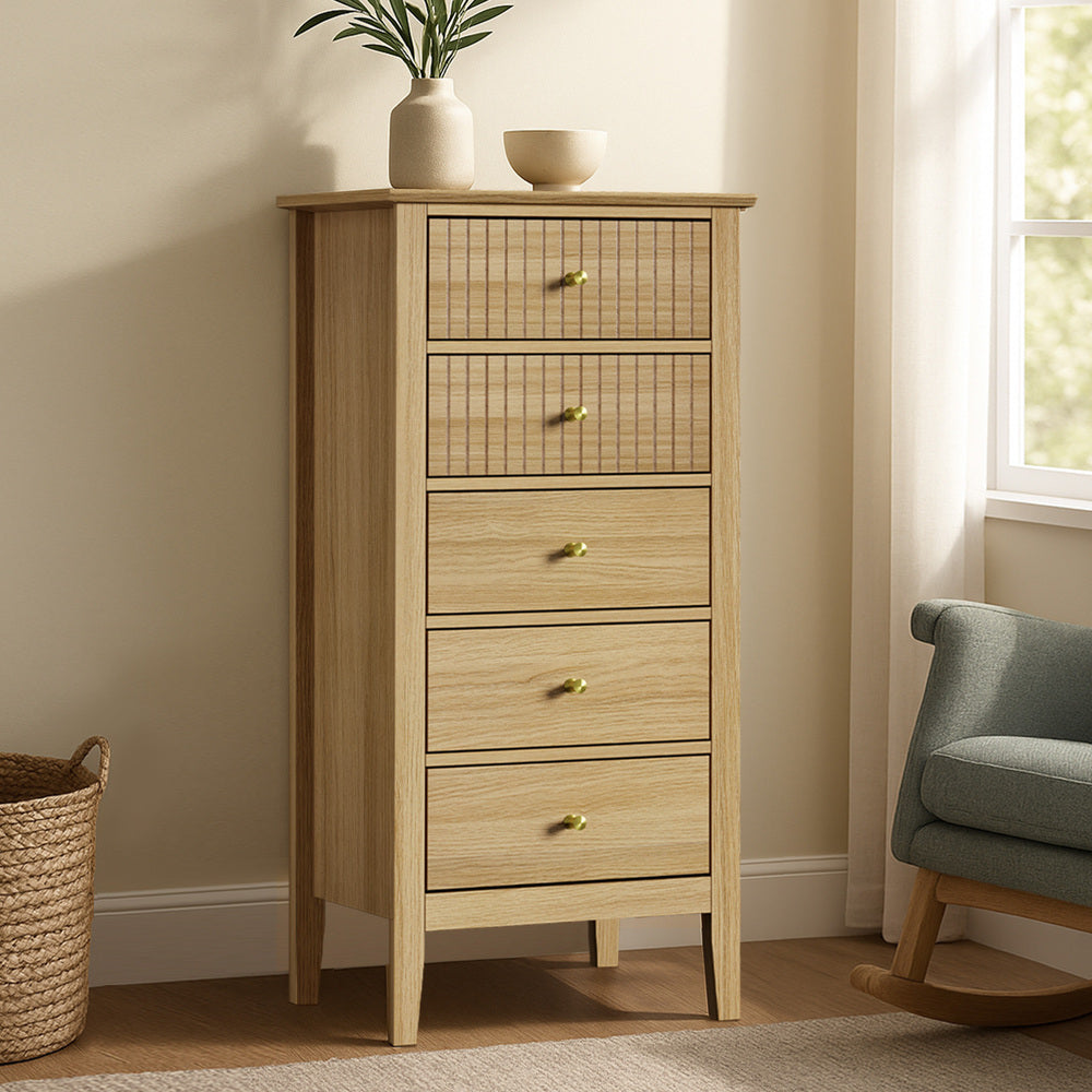 Oikiture 5 Chest of Drawers Dresser Tallboy Storage Cabinet Natural