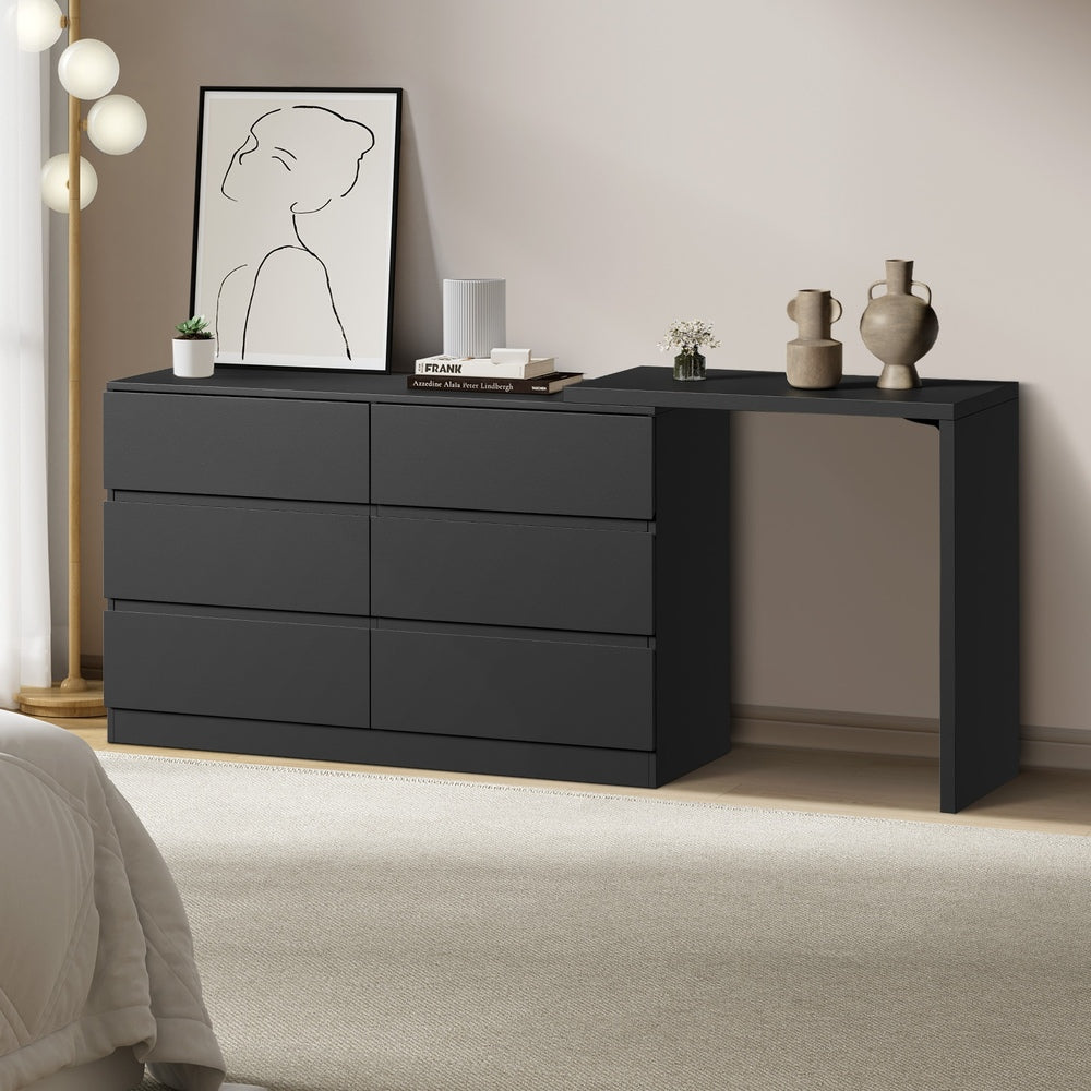 Oikiture 6 Chest of Drawers Dresser with Side Table Black