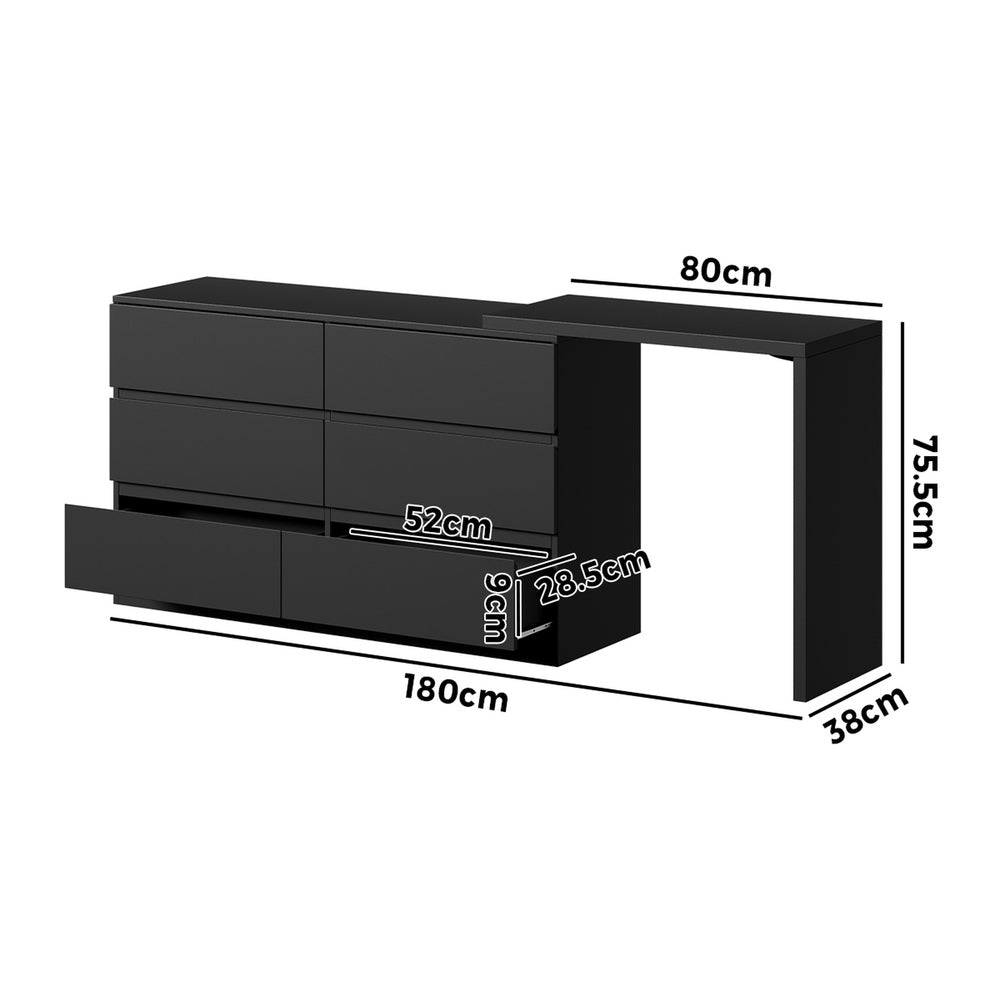 Oikiture 6 Chest of Drawers Dresser with Side Table Black