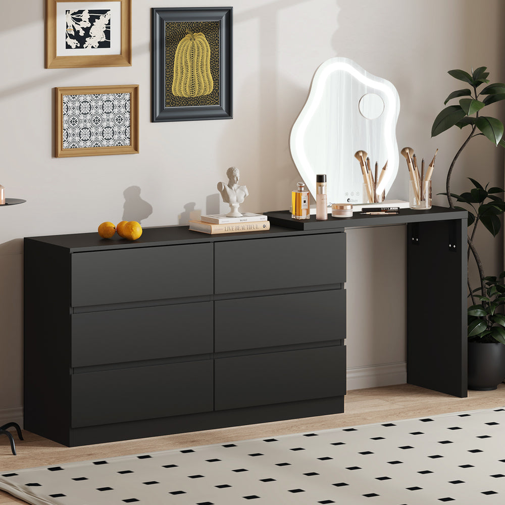 Oikiture 6 Chest of Drawers Dresser with Side Table Black