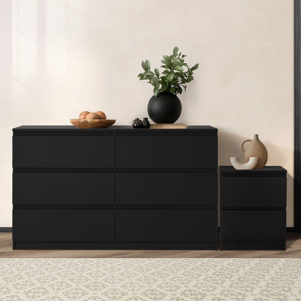 Oikiture 6 Chest of Drawers and Bedside Table Cabinet Bedroom Set Black