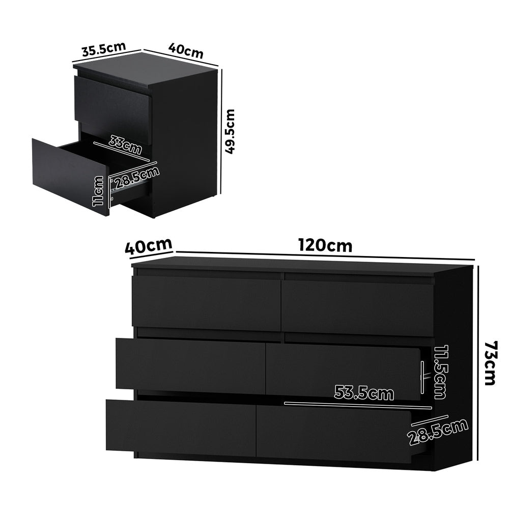 Oikiture 6 Chest of Drawers and 2 Bedside Tables Bedroom Set Black
