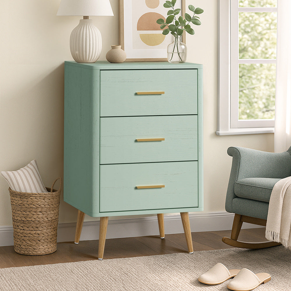 Oikiture 3 Chest of Drawers Tallboy Green