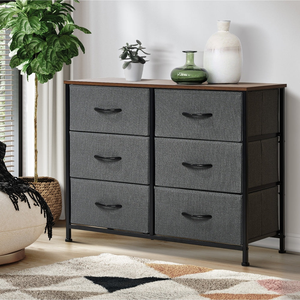 Oikiture 6 Chest of Drawers Fabric Grey Wooden Tabletop
