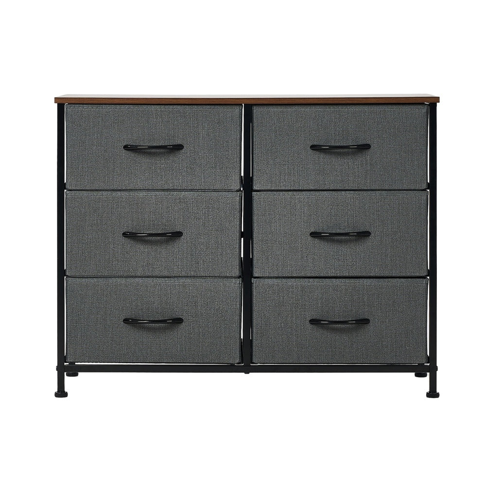Oikiture 6 Chest of Drawers Fabric Grey Wooden Tabletop