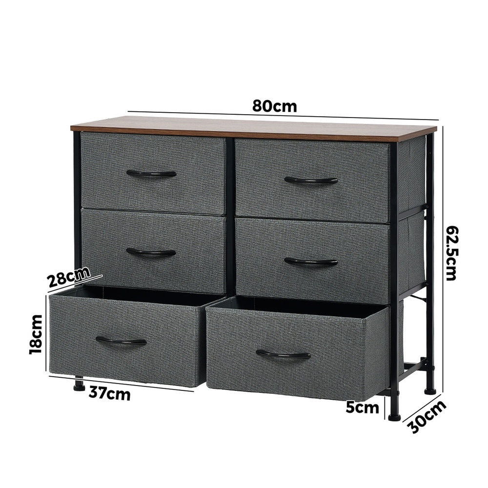 Oikiture 6 Chest of Drawers Fabric Grey Wooden Tabletop