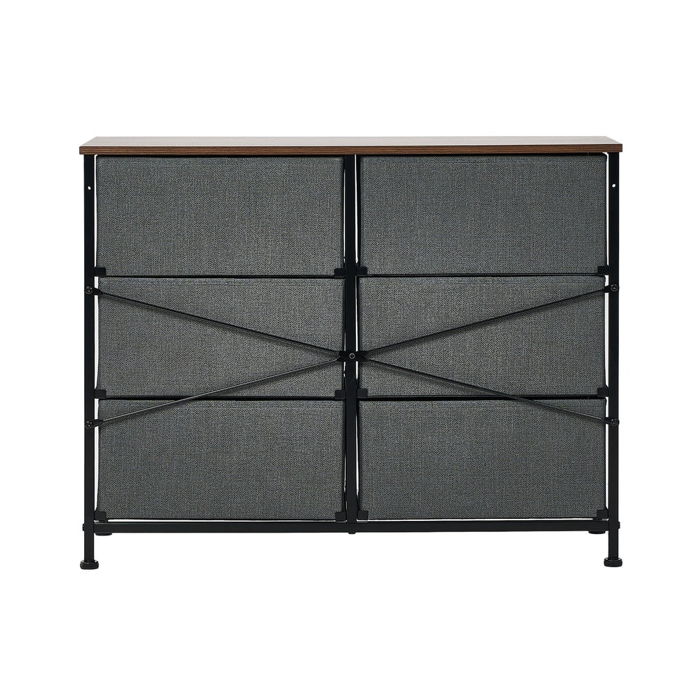 Oikiture 6 Chest of Drawers Fabric Grey Wooden Tabletop