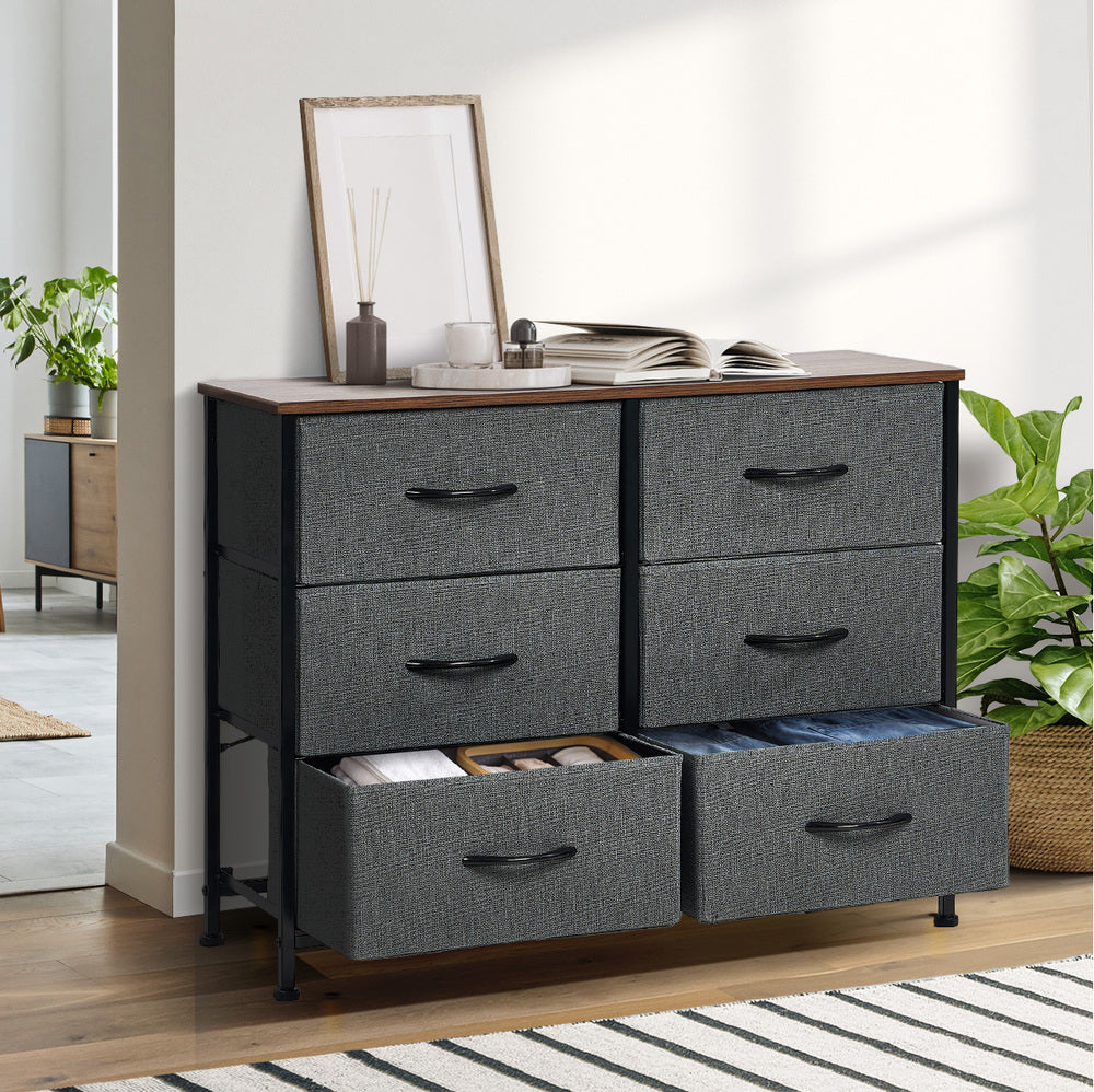 Oikiture 6 Chest of Drawers Fabric Grey Wooden Tabletop