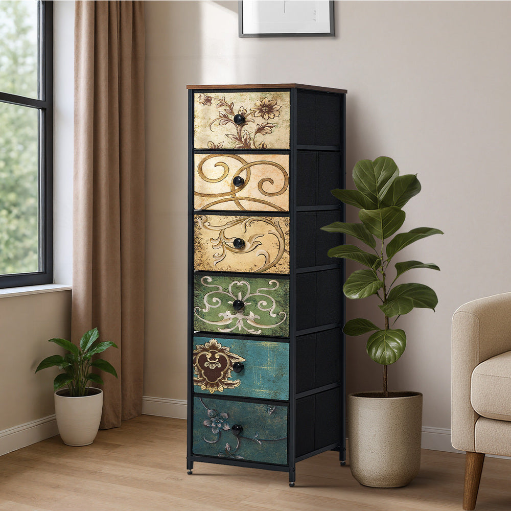 Oikiture 6 Chest of Drawers Fabric Tallboy Retro Vintage