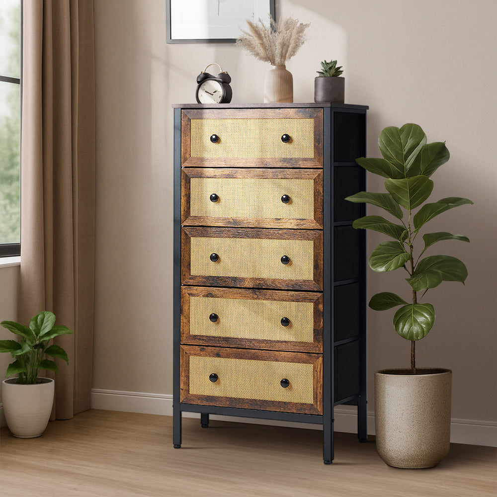 Oikiture 5 Chest of Drawers Rattan Fabric Dresser Tallboy