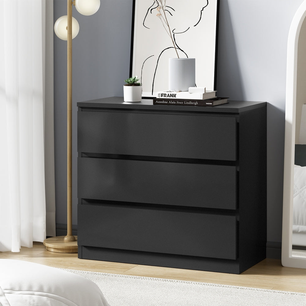 Oikiture 3 Chest of Drawers Lowboy Dresser Table Black