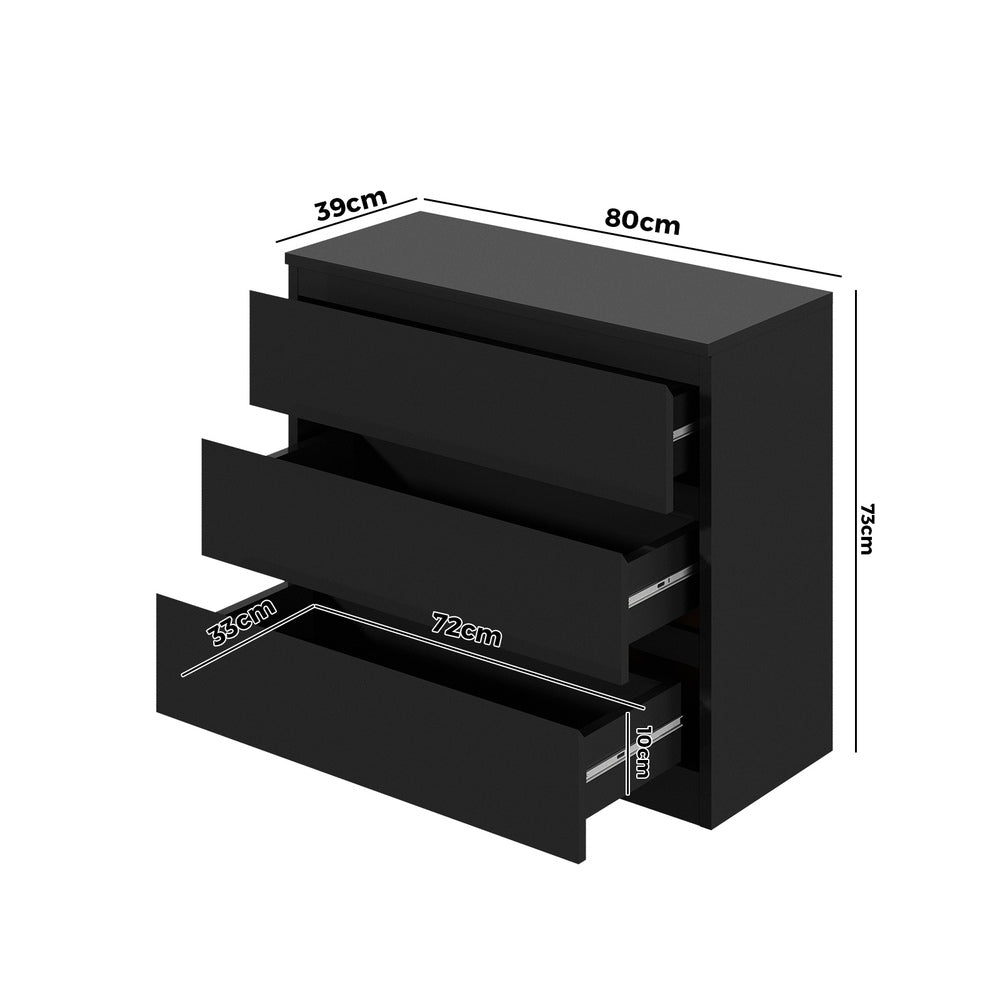 Oikiture 3 Chest of Drawers Lowboy Dresser Table Black