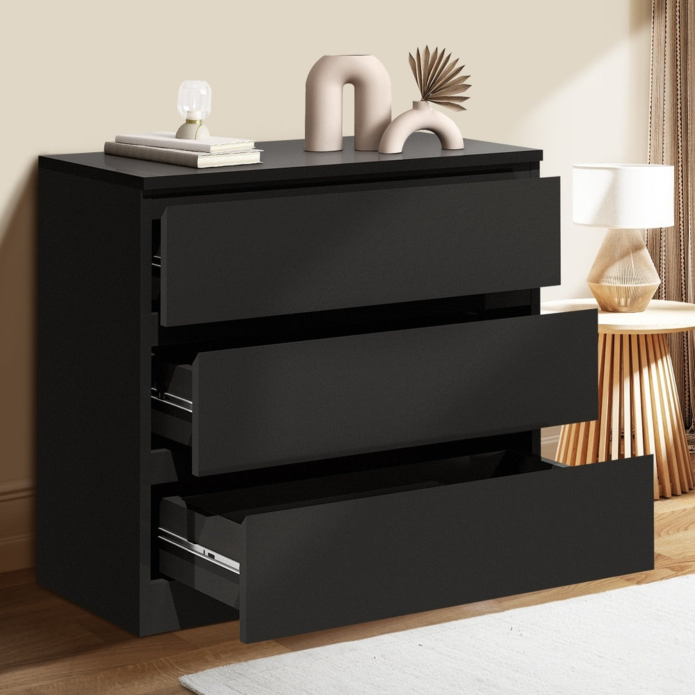 Oikiture 3 Chest of Drawers Lowboy Dresser Table Black