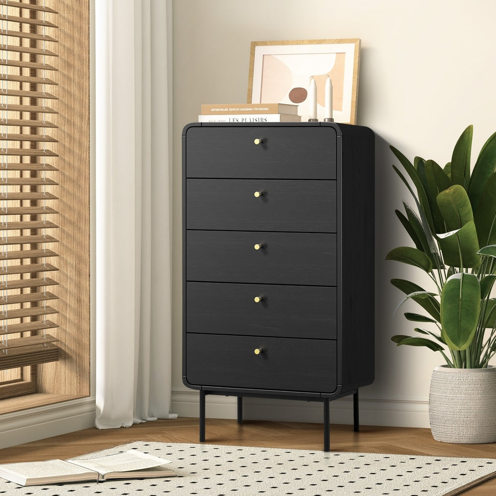Oikiture 5 Chest of Drawers Dresser Tallboy Metal Handle Black