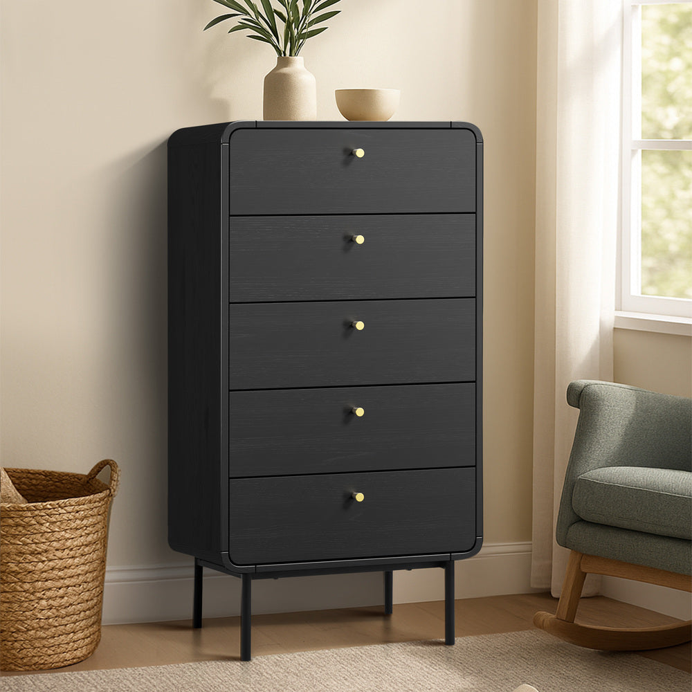 Oikiture 5 Chest of Drawers Dresser Tallboy Metal Handle Black
