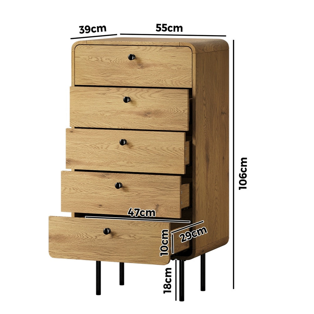 Oikiture 5 Chest of Drawers Dresser Tallboy Wooden Handle Natural