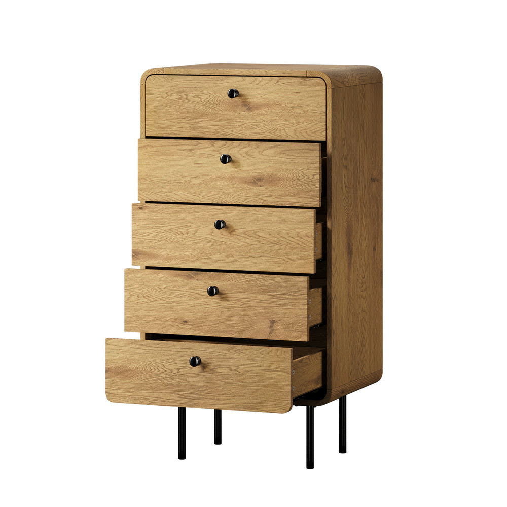 Oikiture 5 Chest of Drawers Dresser Tallboy Wooden Handle Natural