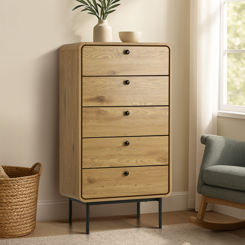 Oikiture 5 Chest of Drawers Dresser Tallboy Wooden Handle Natural