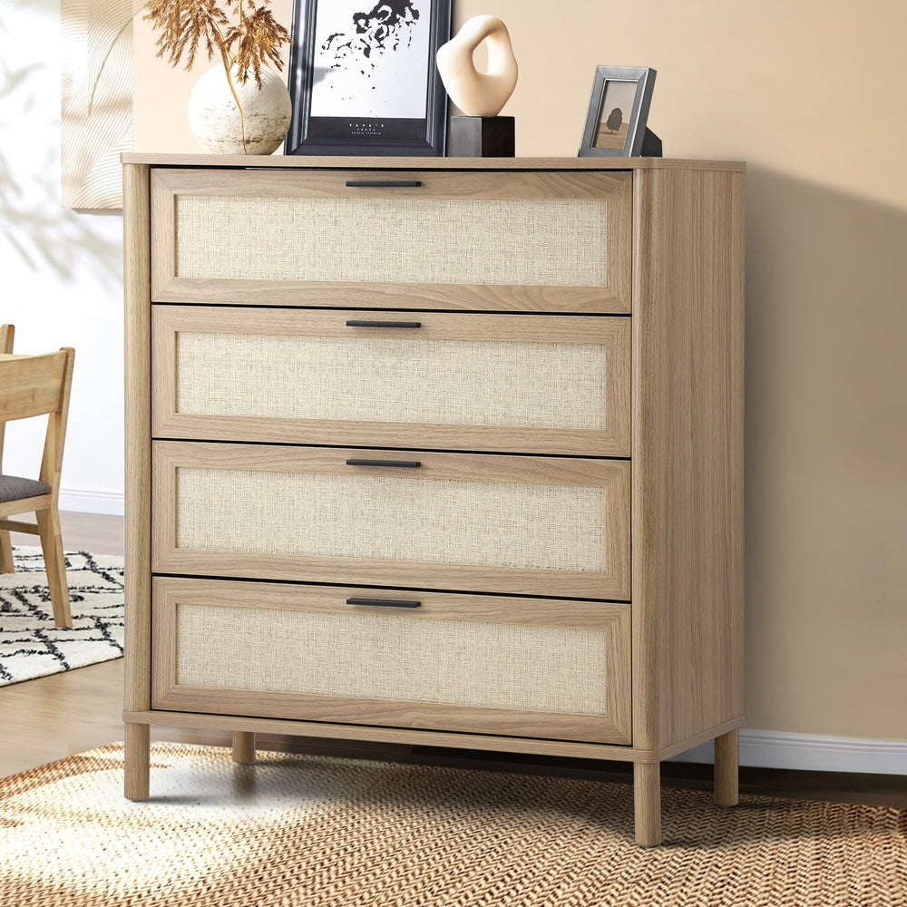 Oikiture 4 Chest of Drawers Rattan Dresser Natural
