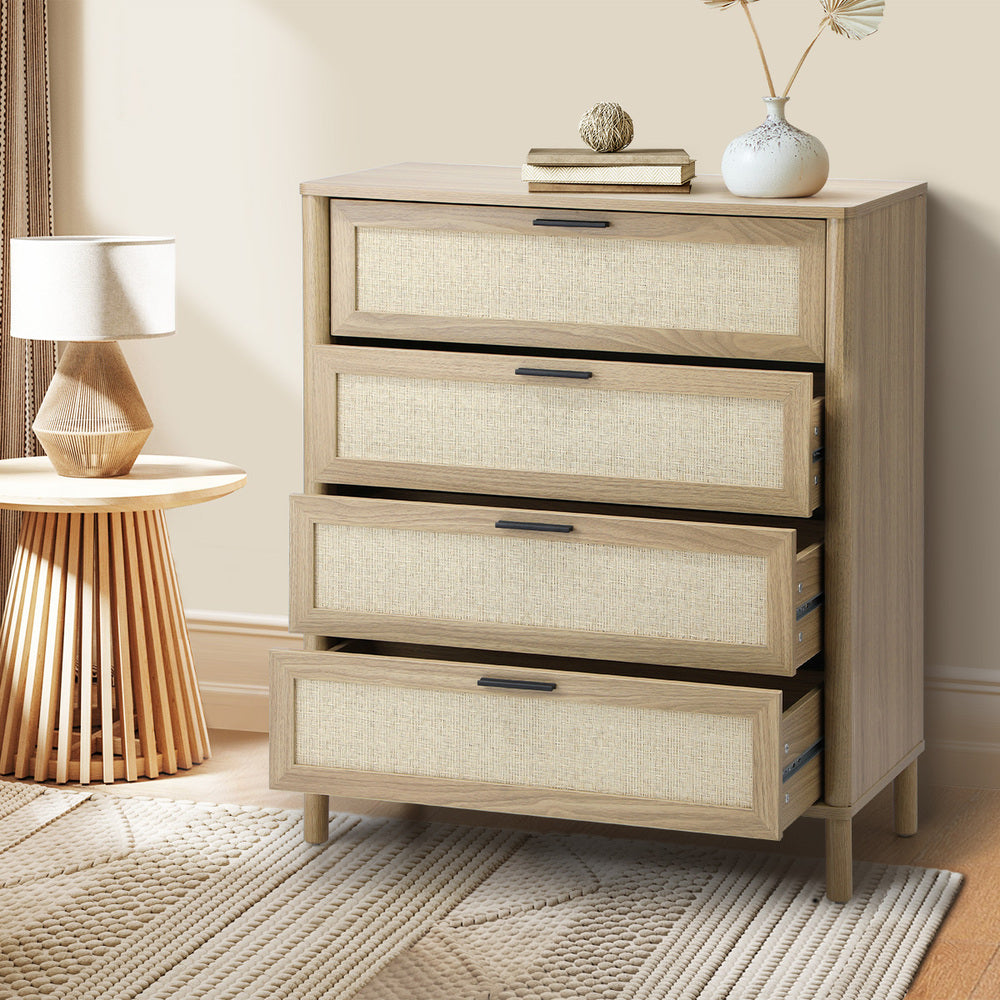 Oikiture 4 Chest of Drawers Rattan Dresser Natural
