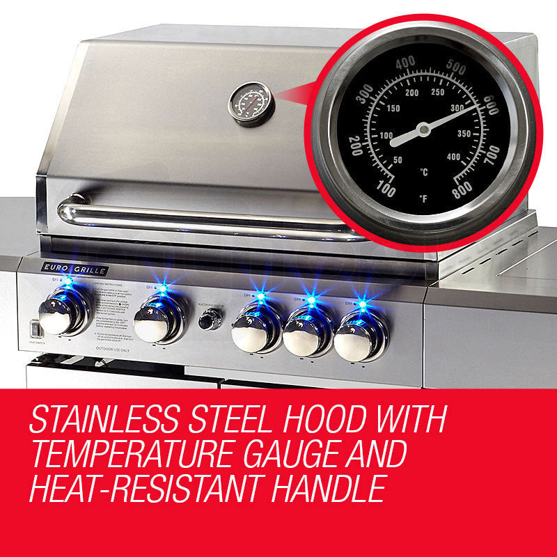 EuroGrille 5 Burner BBQ Outdoor Barbeque Grill Gas Stainless Steel Kitchen
