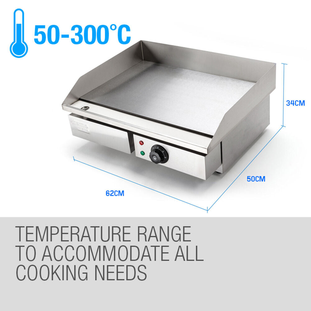 THERMOMATE Commercial Electric Griddle, 2400W Stainless Steel 55x35cm Countertop