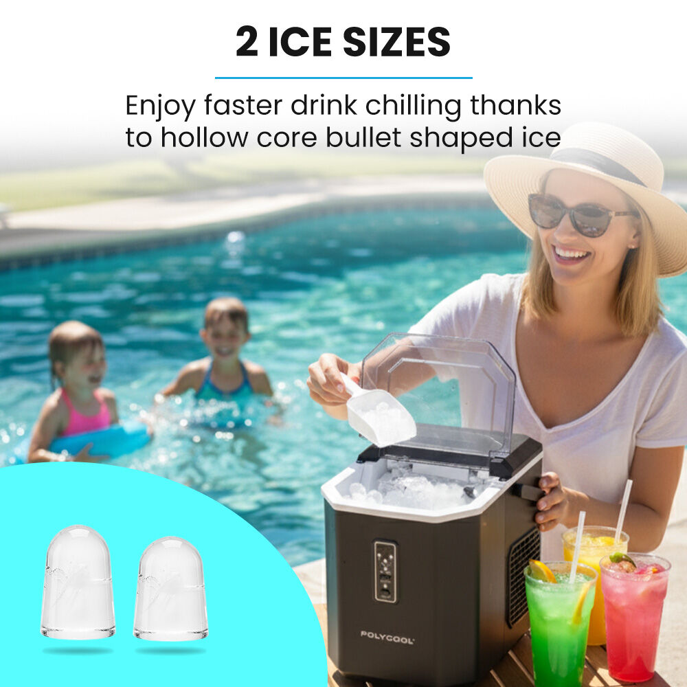 POLYCOOL Portable Ice Maker Machine, Automatic, 12kg/day, Auto Clean, with Scoop and Removable Basket, Black