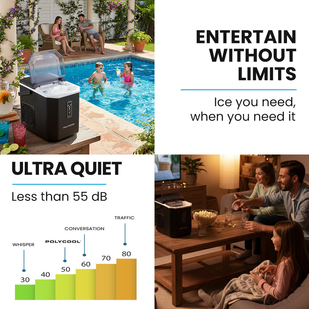 POLYCOOL Portable Ice Maker Machine, Automatic, 12kg/day, Auto Clean, with Scoop and Removable Basket, Black