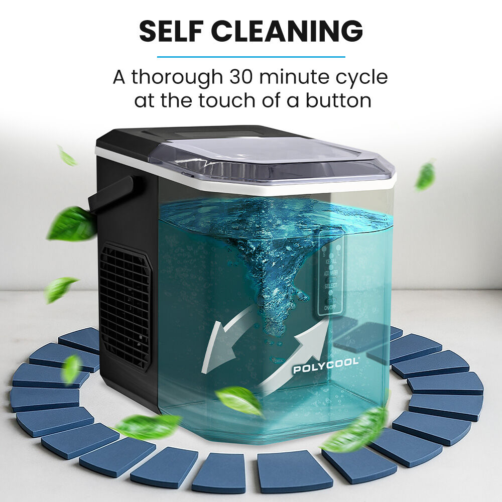 POLYCOOL Portable Ice Maker Machine, Automatic, 12kg/day, Auto Clean, with Scoop and Removable Basket, Black