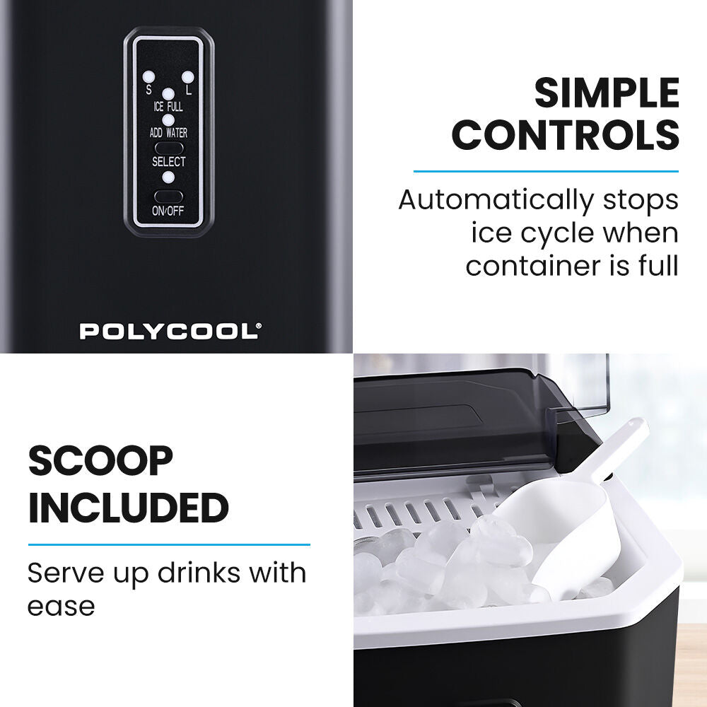 POLYCOOL Portable Ice Maker Machine, Automatic, 12kg/day, Auto Clean, with Scoop and Removable Basket, Black