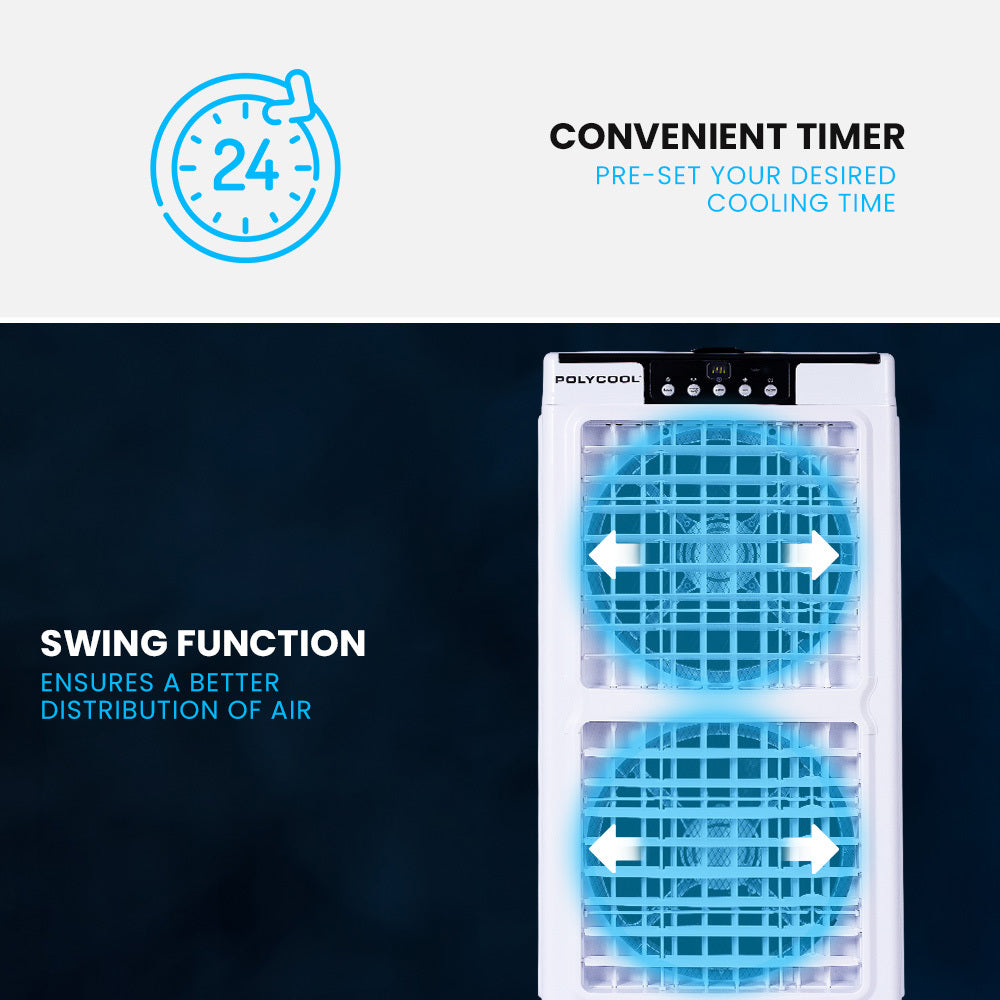 POLYCOOL 35L 220W Evaporative Air Cooler Portable Industrial Fan, Purifier, Humidifier, Remote Control