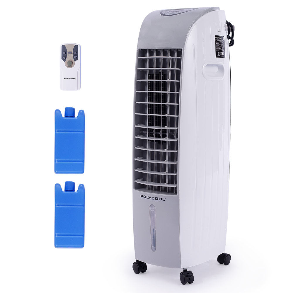 POLYCOOL 6L Evaporative Air Cooler Portable Household Fan, Purifier, Humidifier, Remote Control, White and Grey