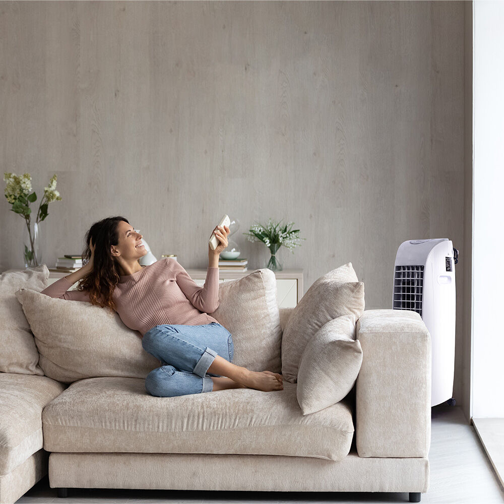 POLYCOOL 6L Evaporative Air Cooler Portable Household Fan, Purifier, Humidifier, Remote Control, White and Grey