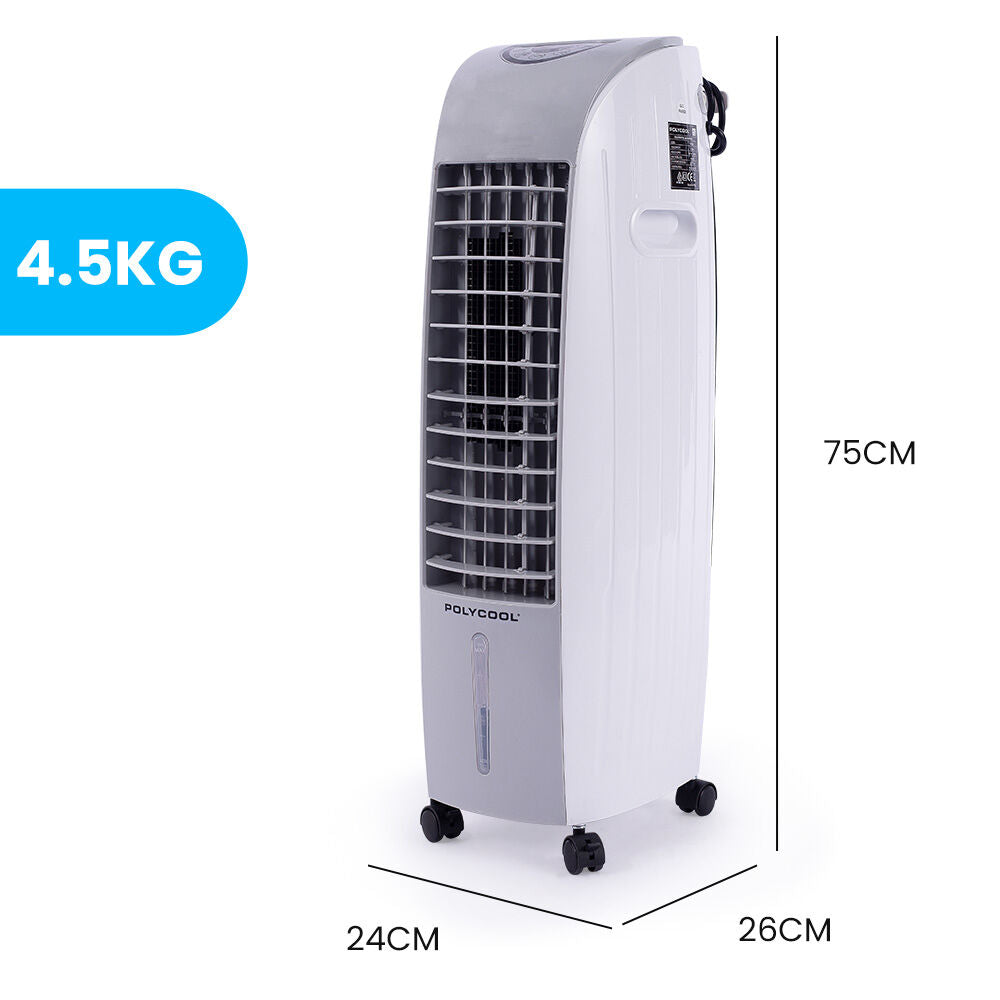 POLYCOOL 6L Evaporative Air Cooler Portable Household Fan, Purifier, Humidifier, Remote Control, White and Grey