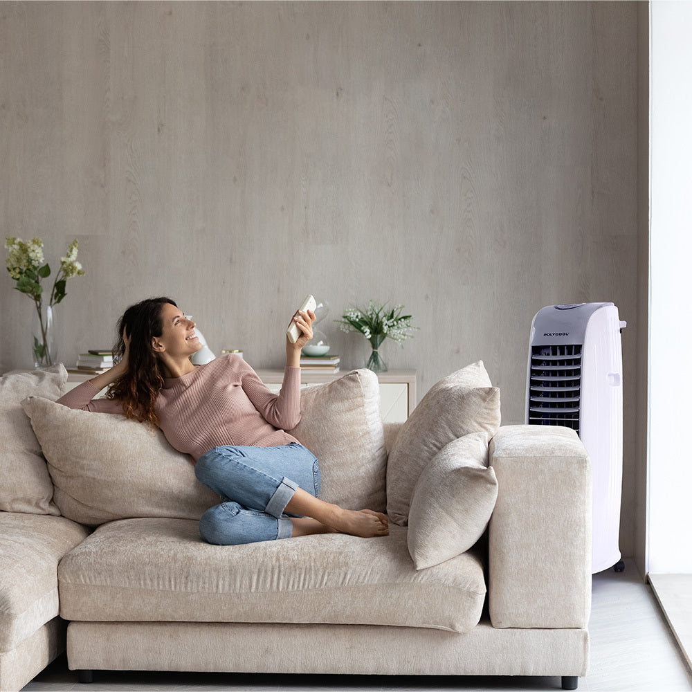 POLYCOOL 8L Evaporative Air Cooler Portable Home Fan, Purifier, Humidifier, Remote Control, Grey and White