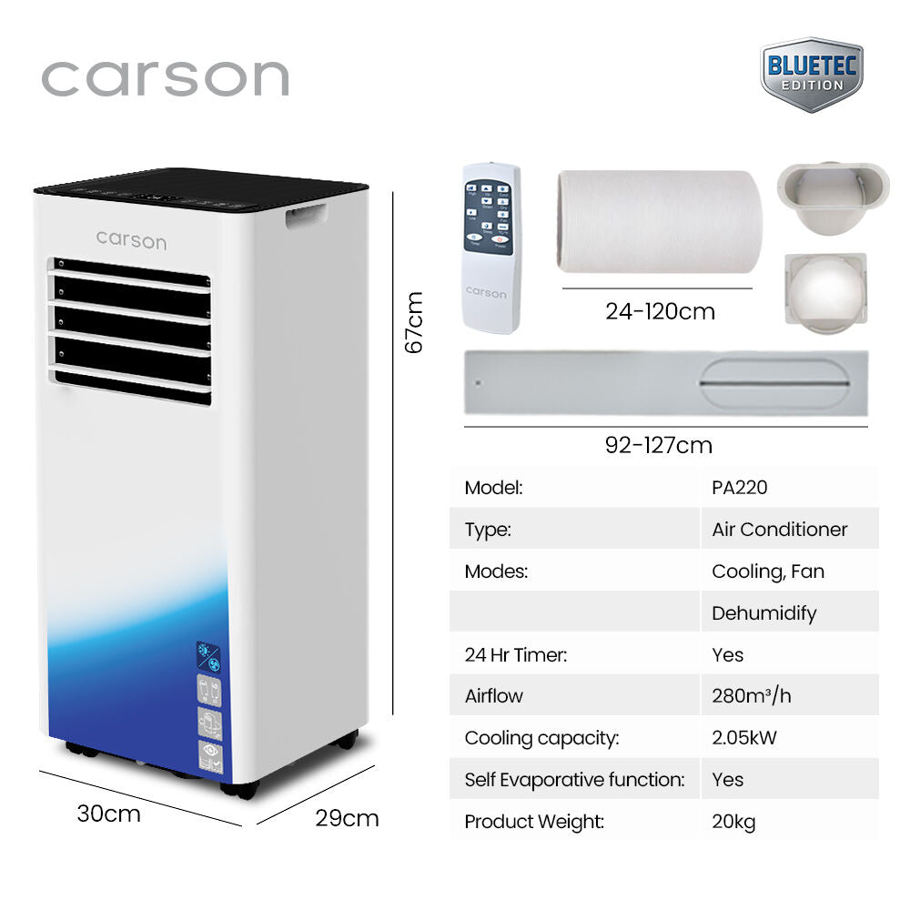 CARSON 2.05kW Portable Air Conditioner, with Dehumidifier & Fan Mode, Remote Control, 24hr Timer, Sleep Mode