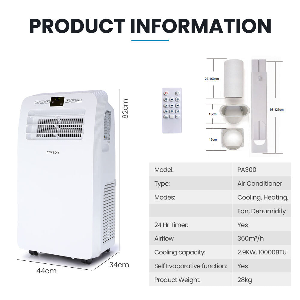 CARSON 2.9kW Reverse Cycle Portable Air Conditioner and Heater, with Dehumidifier, Cooling and Heating AC