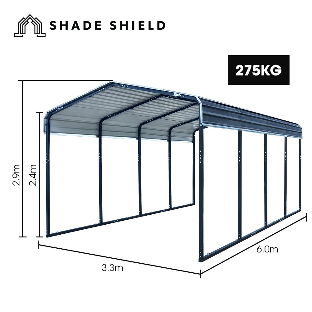 SHADE SHIELD Single Carport Shed 3.3 x 6 x 2.9m, Galvanised Steel Frame, Powder Coated Gable Roof, S