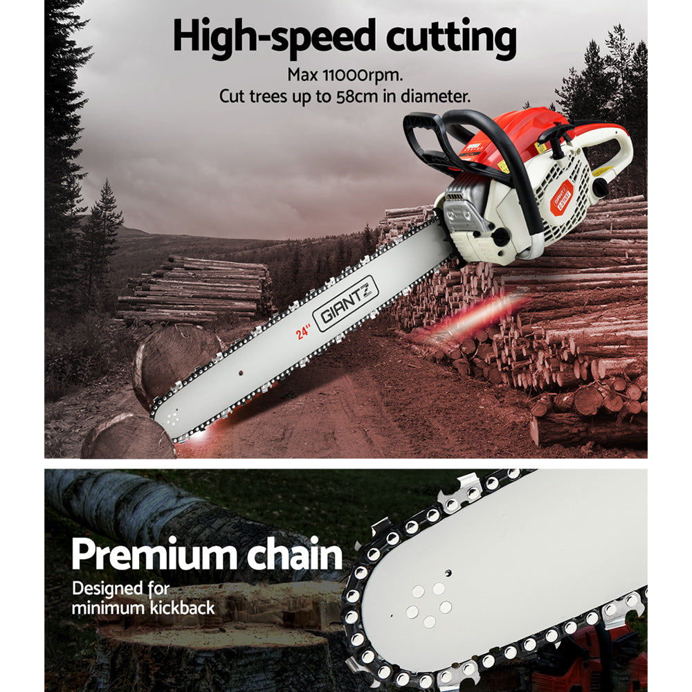 Giantz Chainsaw Petrol 92CC 24 Bar Commercial E-Start Pruning Chain Saw