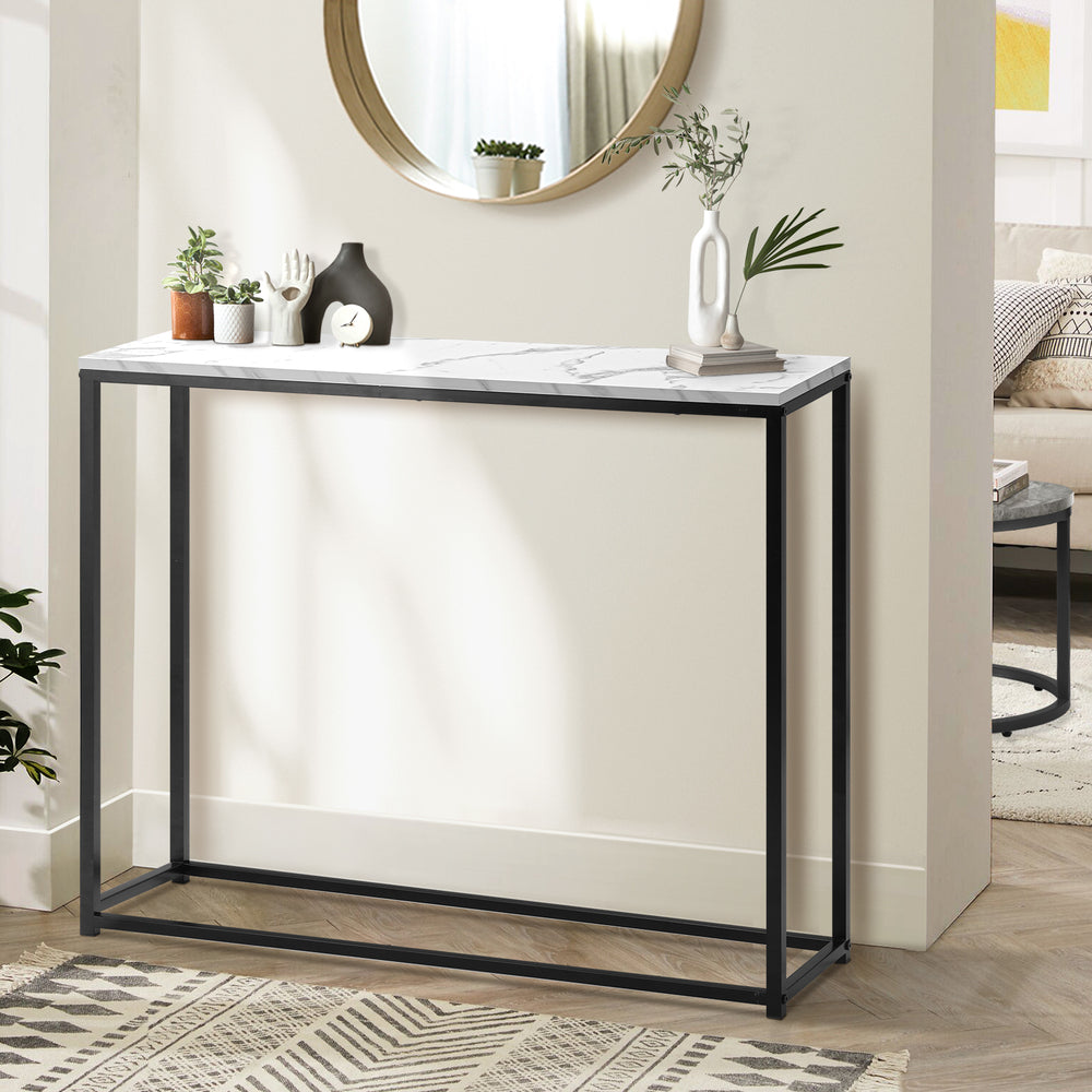 Oikiture Console Table Marble-look Iron Black&White