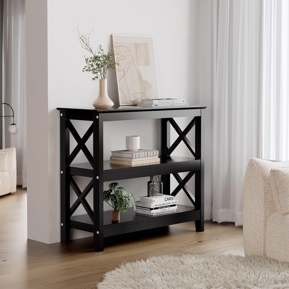 Oikiture 3-Tier Console Table X-Design Wooden Black