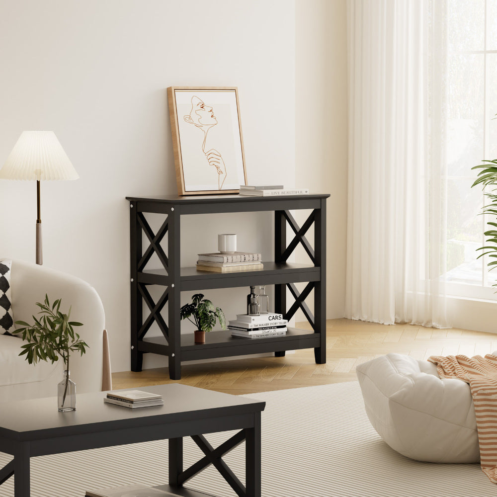 Oikiture 3-Tier Console Table X-Design Wooden Black
