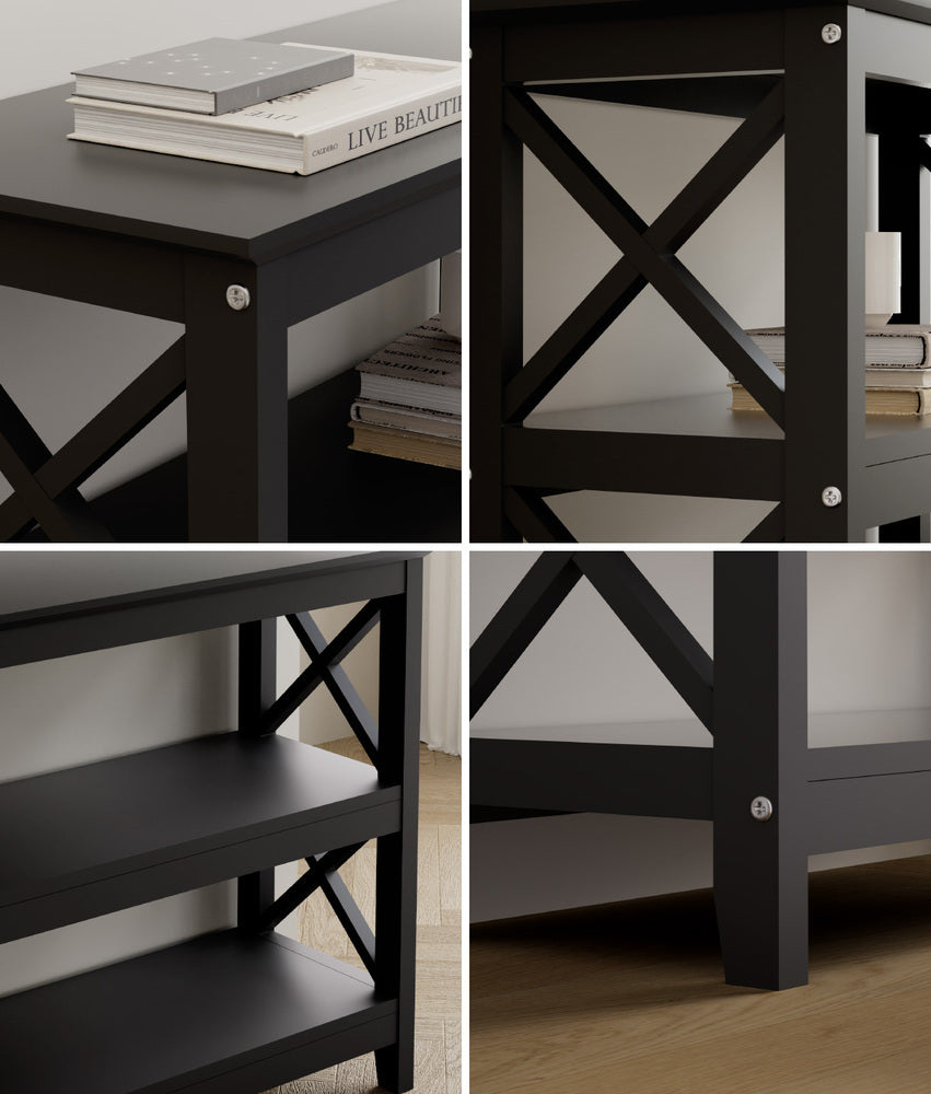 Oikiture 3-Tier Console Table X-Design Wooden Black