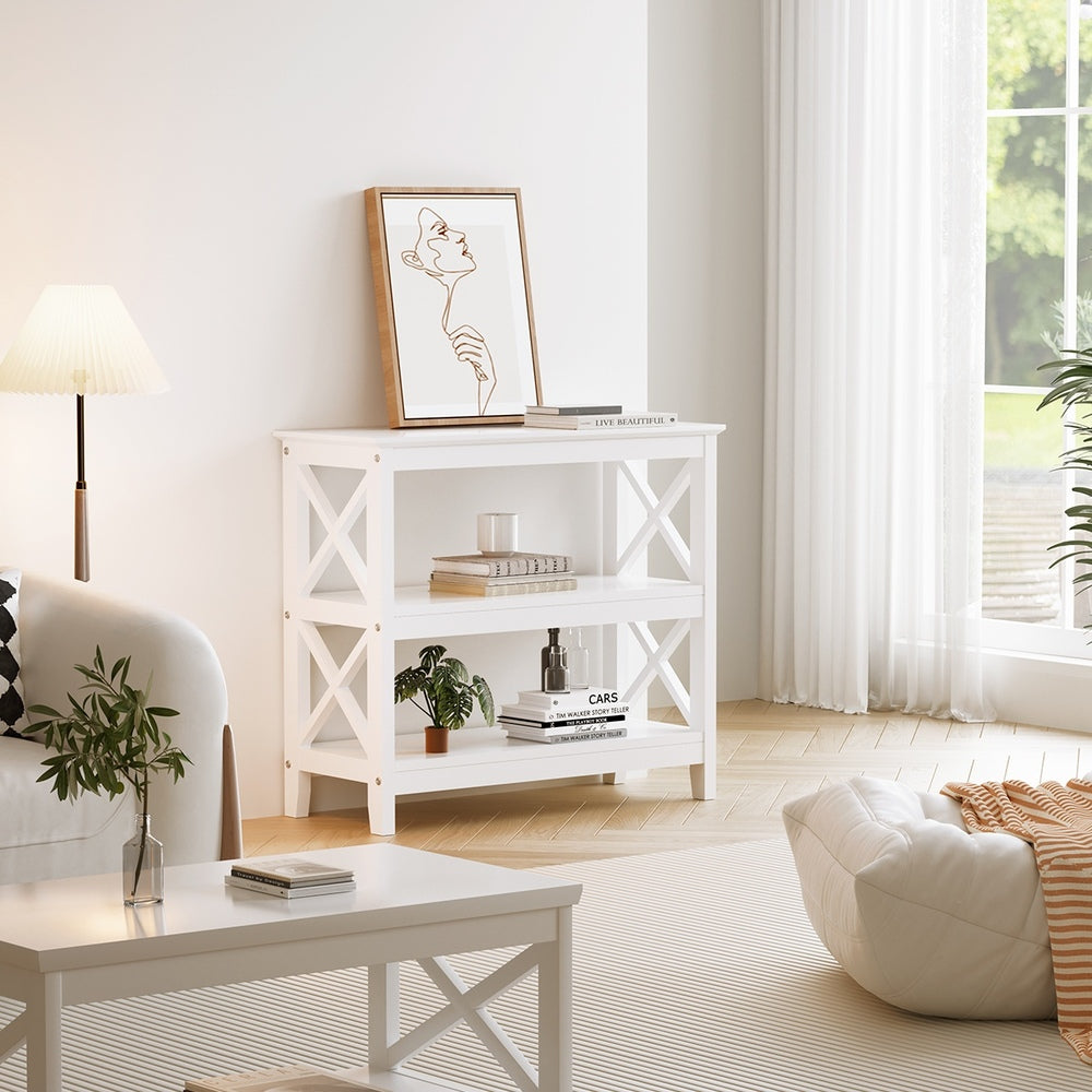Oikiture 3-Tier Console Table X-Design Wooden White
