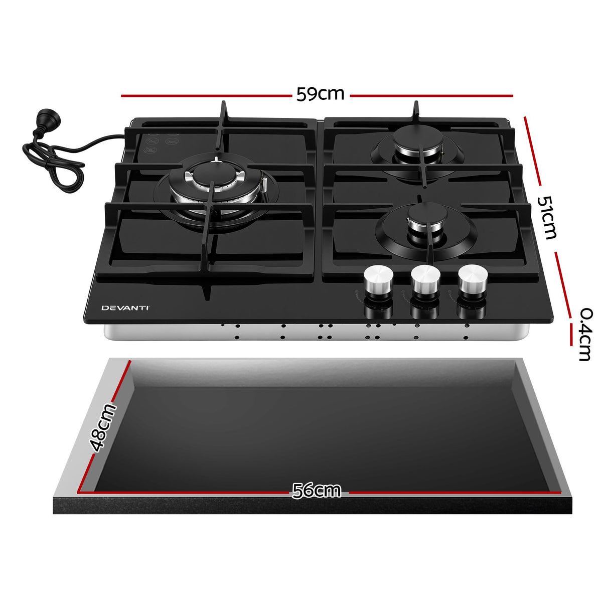 Devanti 59cm Gas Cooktop 3 Burner Knob Control Glass Hob Cast Iron Black