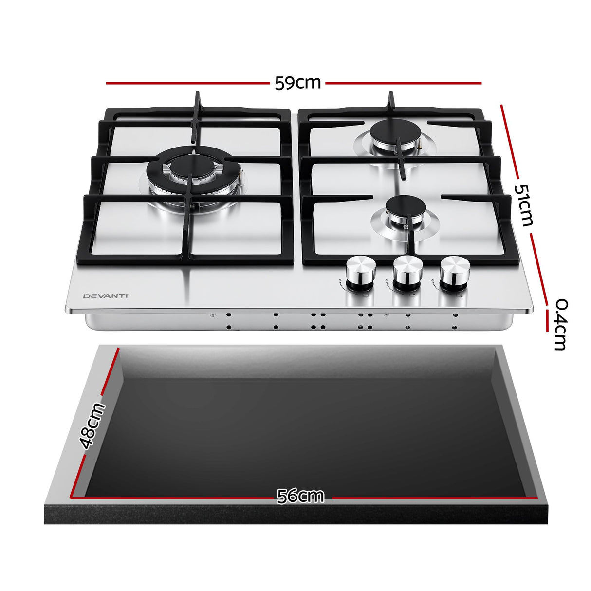 Devanti 59cm Gas Cooktop 3 Burner Knob Control Stainless Steel Hob Silver