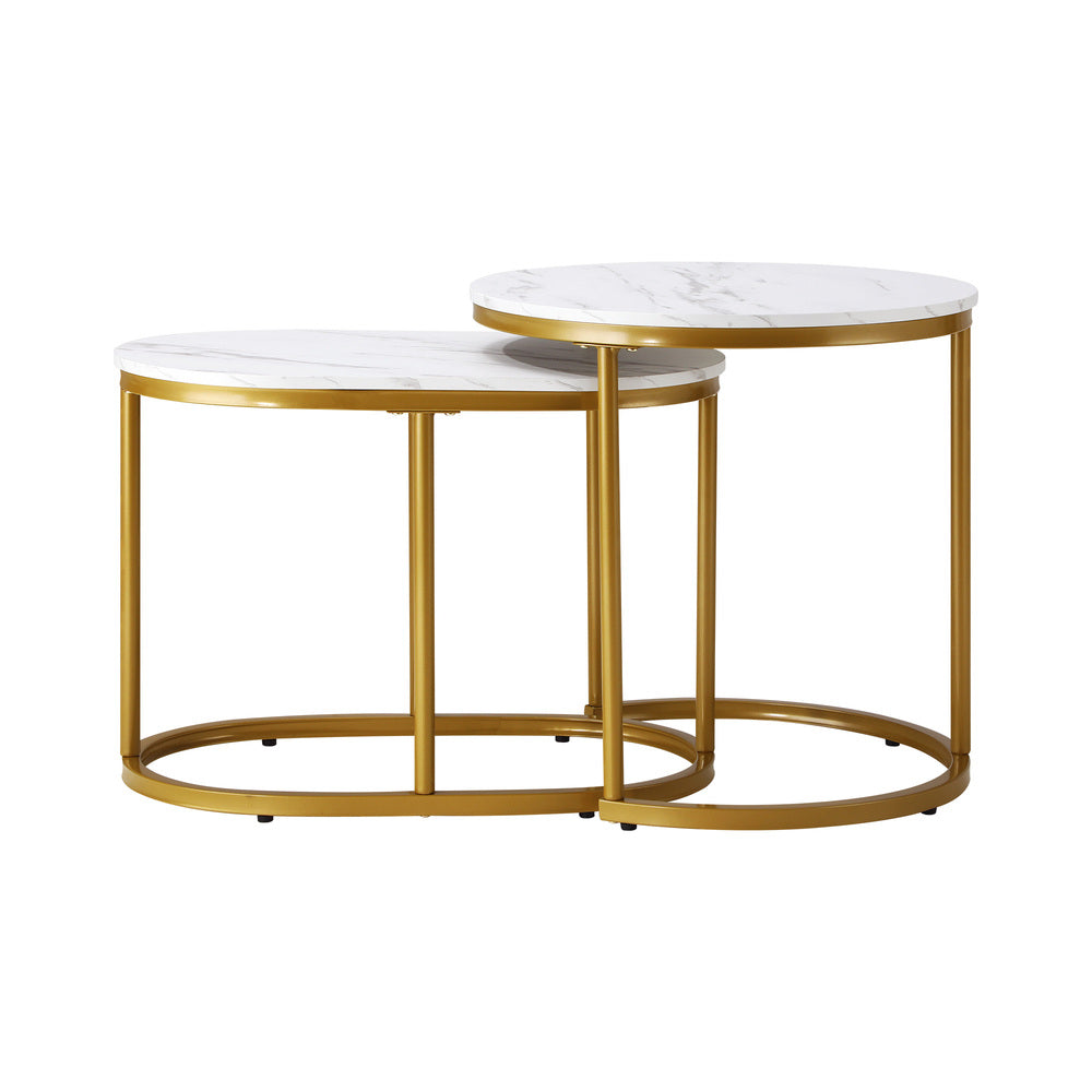 Oikiture Set of 2 Coffee Table Round Oval Marble-like Nesting Gold