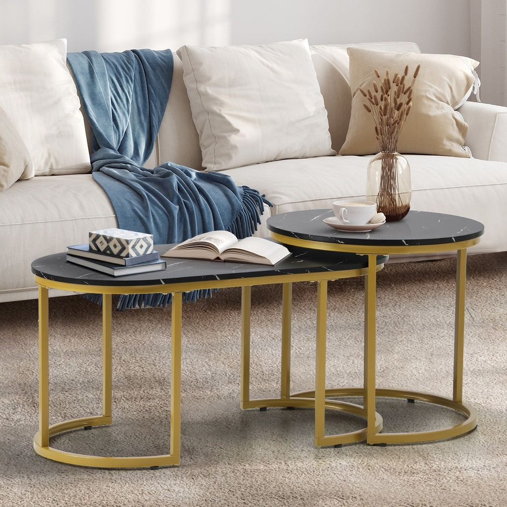 Oikiture Nesting  Coffee Table Set of 2 Marble Effect Gold Black